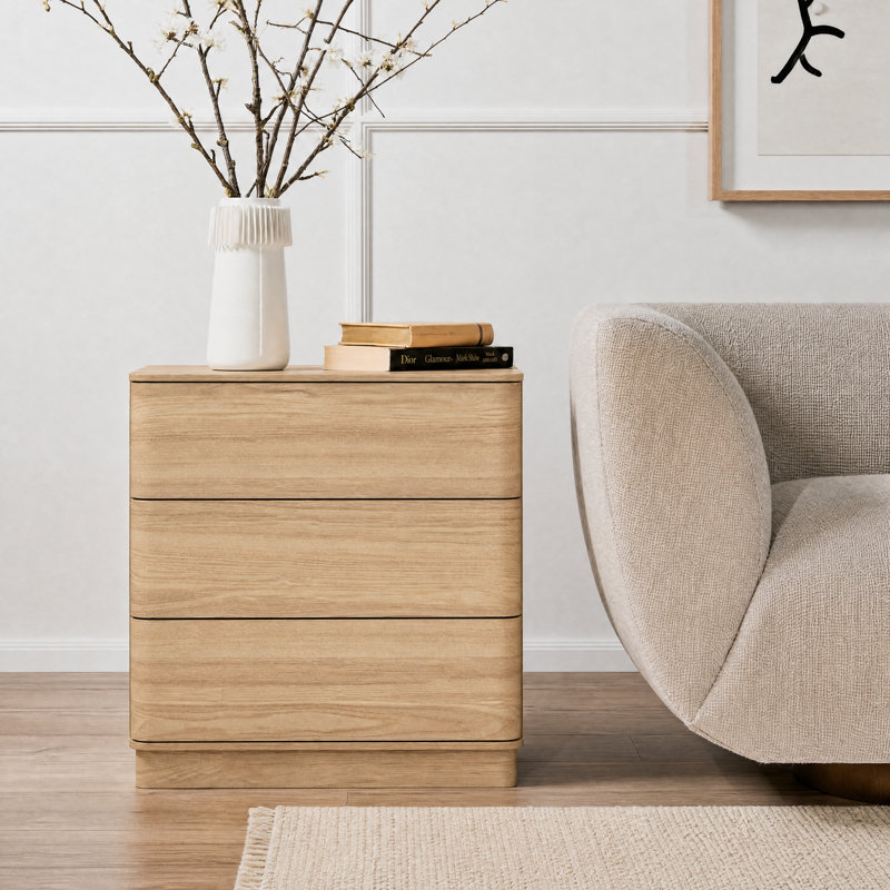 Table de chevet minimaliste et élégante à 3 tiroirs incurvés, Chêne clair