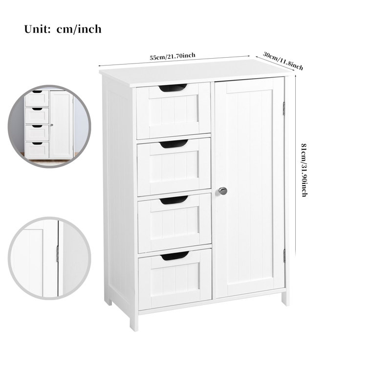 Wooden Floor Cabinet With 4 Drawers And 1 Cupboard, 1 Adjustable Shelf Bathroom Storage Organizer