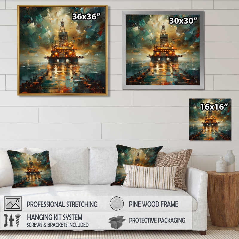 Décoration murale verte et noire «Oil Offshore Drill», H 30 po x l 30 po x P 1 po, Toile encadrée noire simple