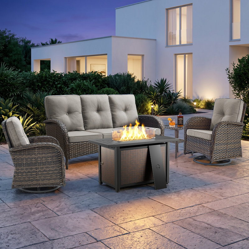Aristil 5-Person PE Wicker Outdoor Patio Conversation Set With Firepit With Cushions, Dark Gray