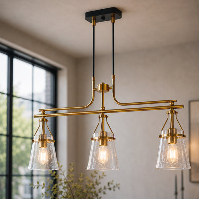 Suspension de Strasbourg à 3 lumières, intensité variable, style moderne, finition or antique, idéale pour îlot de cuisine.