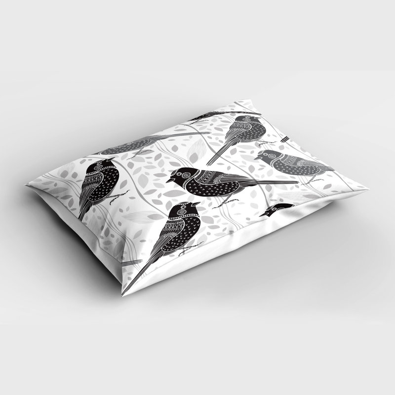Grey and White Bird Pattern Microfiber Pillow Shams, 2 Pack