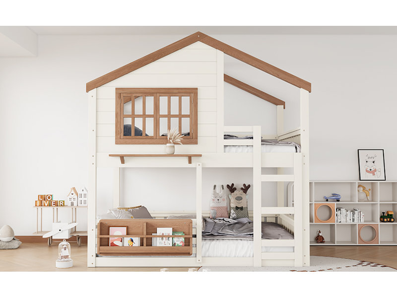 Full Size Bunk Bed/Loft Bed With Bookshelf, House Design, High-Quality Safety Fencing,Beige & Natural, Beige, Full