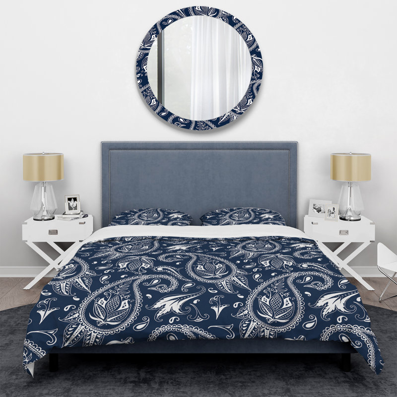 Blue Floral Paisley - Patterned Duvet Cover Set, King Duvet Cover + 2 King Shams