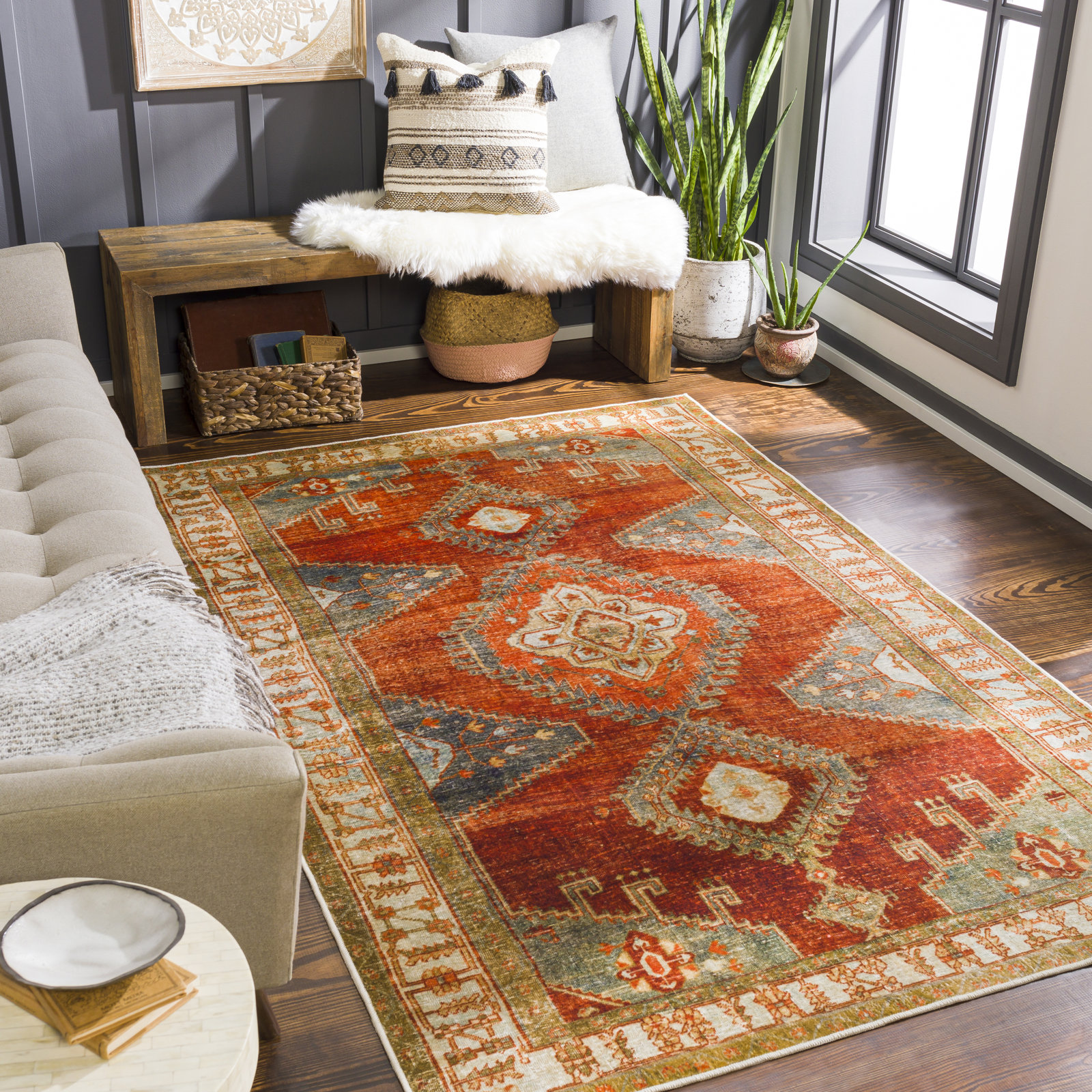Mags Machine Washable Oriental Burnt Orange/Orange Area Rug, Rectangle 3'6" x 5'6"