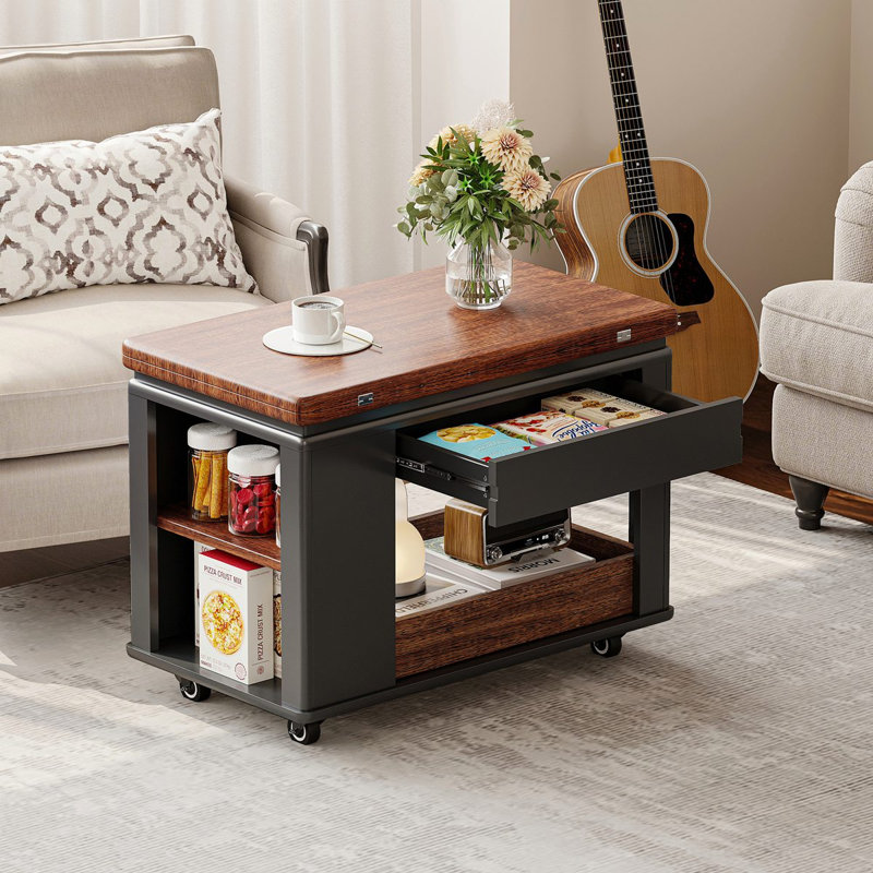 Modern Multi-function Coffee Table With Foldable Top, Casters And Multi-tier Storage, Black