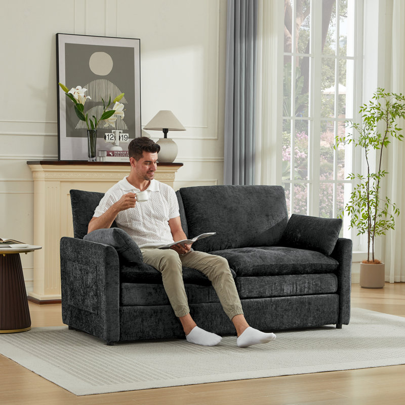 Drago 68'' Modern Square Arm Loveseat Sofa, Dark Grey