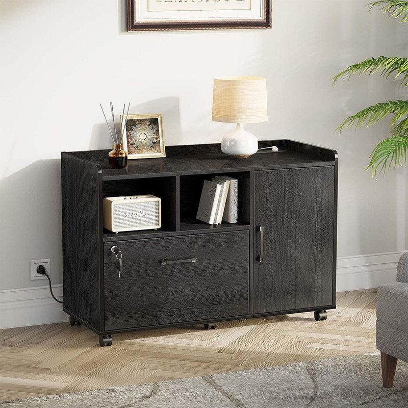 File Cabinet with Charging Station, Mobile Lateral Filing Cabinet with Locking Drawer, Printer Stand with Open Storage Shelf with Wheels, for Letter/Legal/A4 Size Files,Black