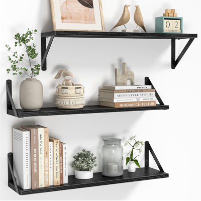 Floating Shelves Set Of 3,  Wall Mounted Shelves For Bathroom Bedroom Kitchen, Rustic Wood Hanging Shelves With Heavy Duty Brackets, Space Saving Storage Solution