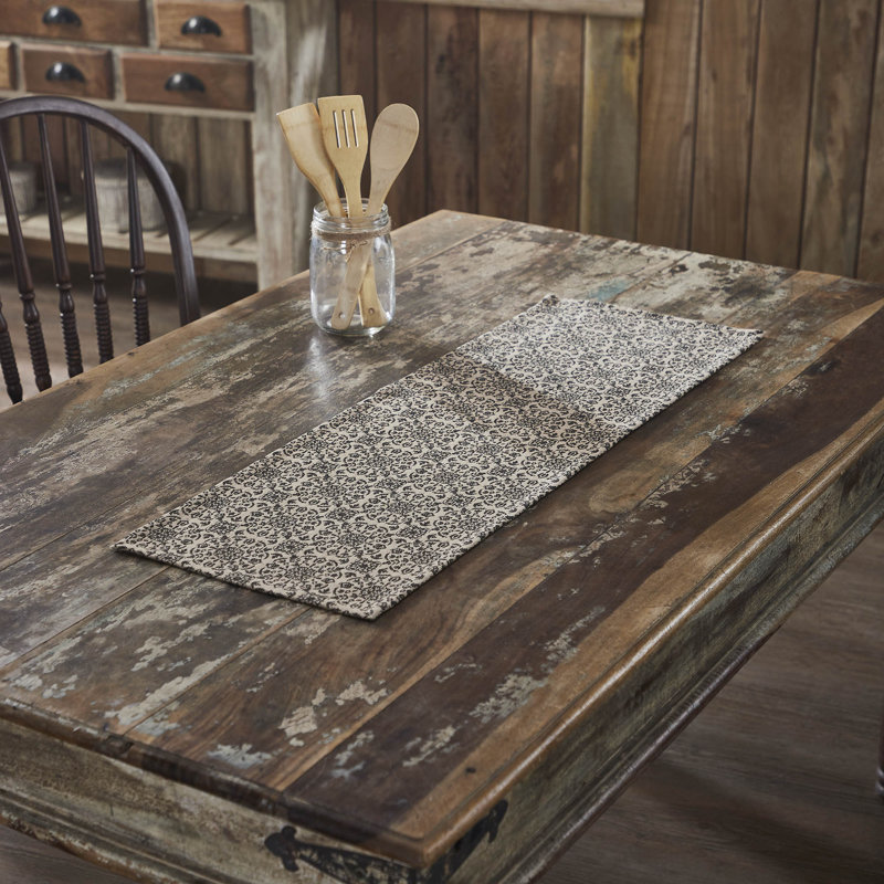 Natural Black Cotton Blend Medallion Table Runner, 12x36 inches