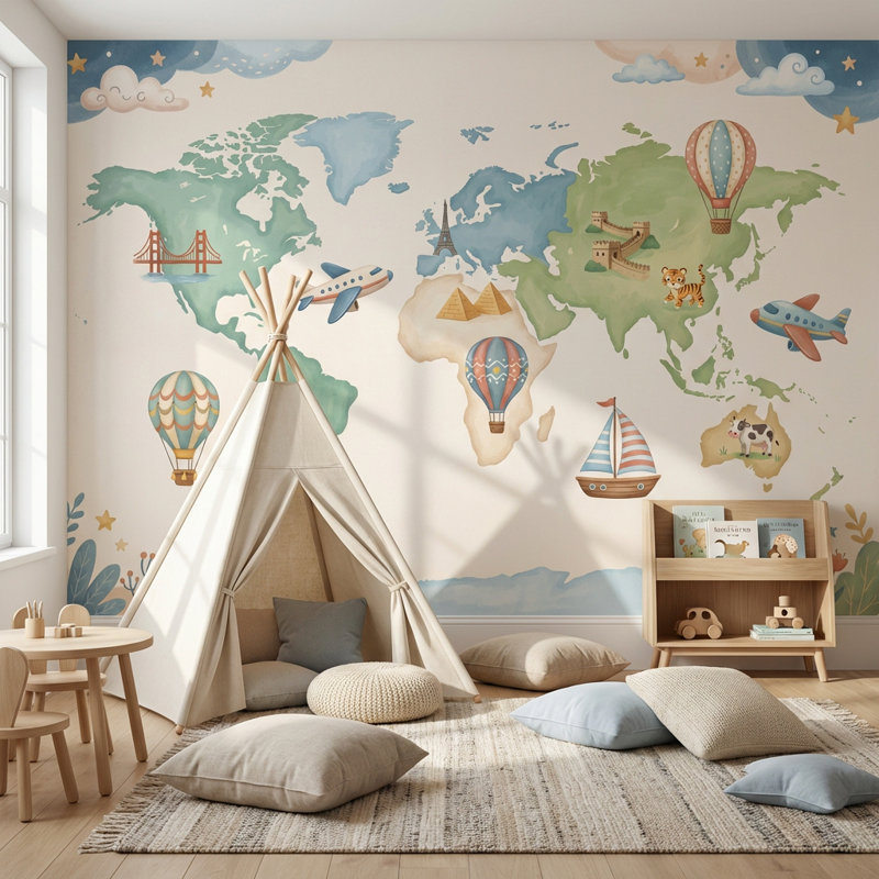 Papier peint carte du monde ballon avion, 140" x 108", Peler et coller