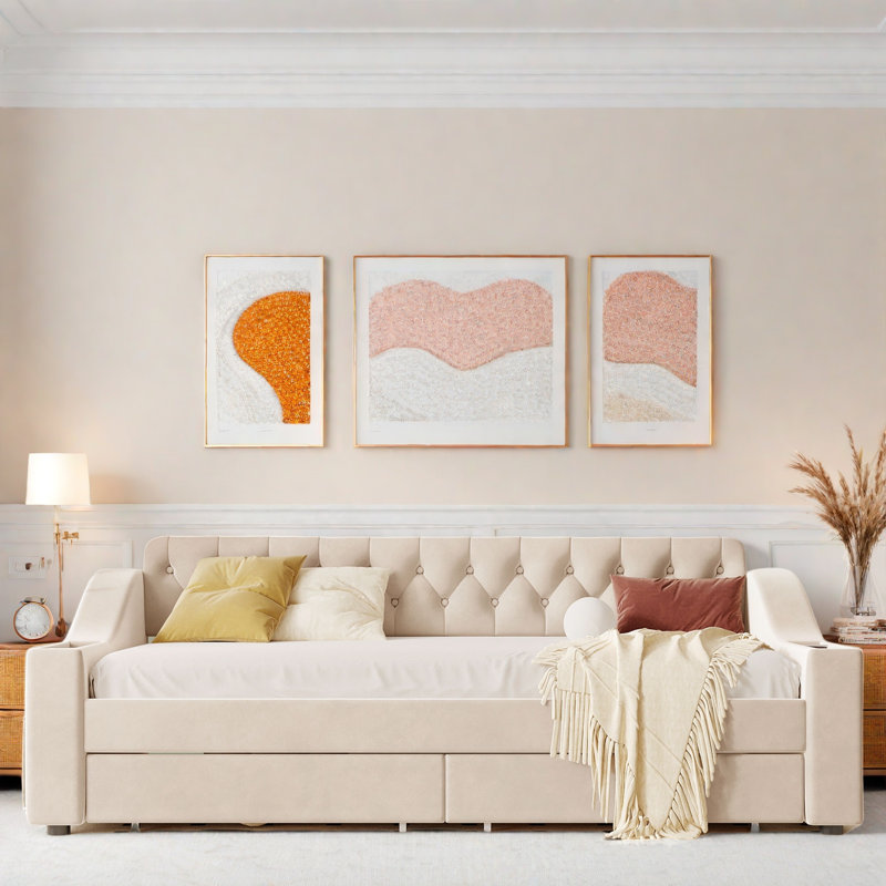 Lit de jour rembourré avec accoudoirs de rangement, ports USB, poches latérales, 2 tiroirs et capitonnage à boutons, Beige