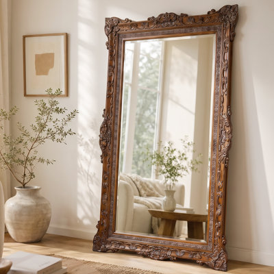 Miroir sur pied rectangulaire sculpté vintage de 74 pouces, cadre en bois antique brun