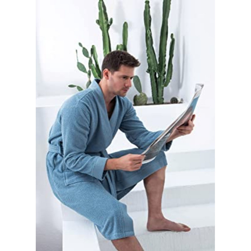 Peignoir de luxe SEYANTE pour homme - Kimono en coton éponge turc biologique certifié GOTS, L, Bleu