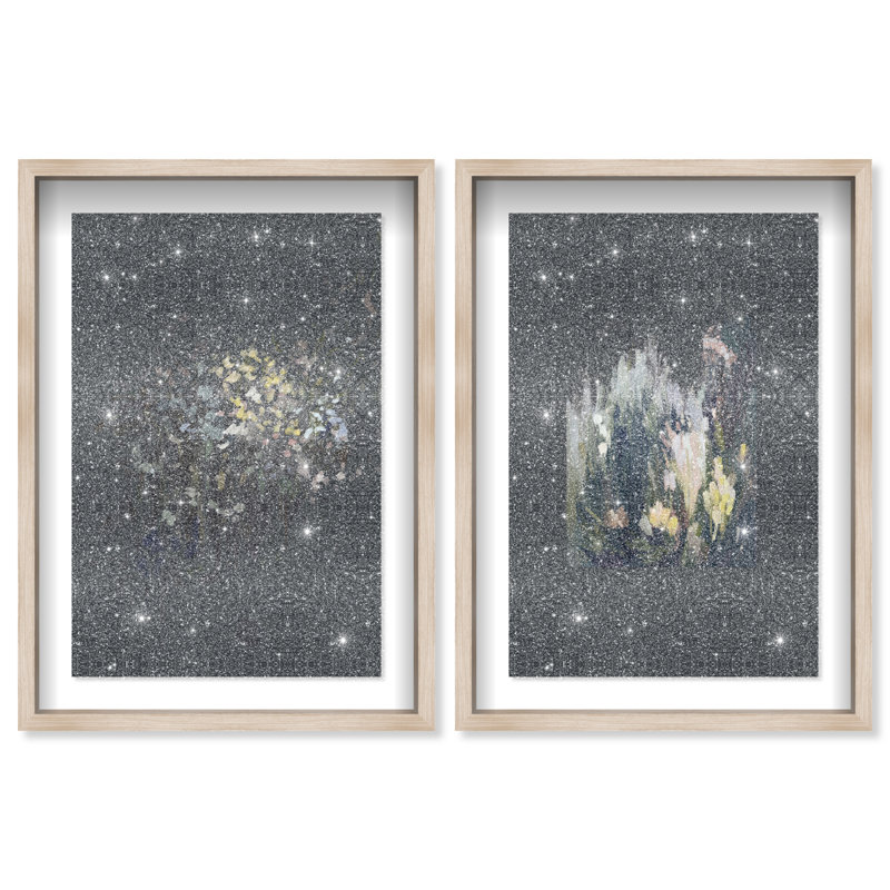 Midnight Flora Set Shadowbox Floral & Botanical Print by Oliver Gal, Black Frame, 10 x 15, 17"H x 25"W, Natural Oak Shadowbox