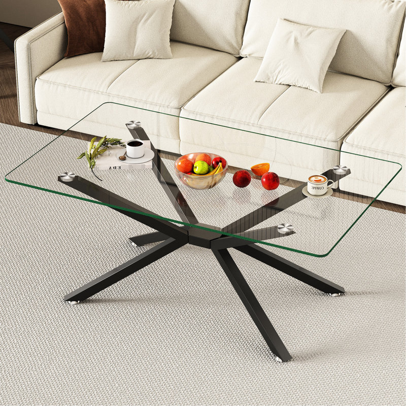 Table basse de 39,32 po rectangulaire en verre trempé transparent, de conception moderne pour une élégance intérieure, peut être utilisée comme table de fabrication avec des pieds en métal noir, idéale pour le bureau