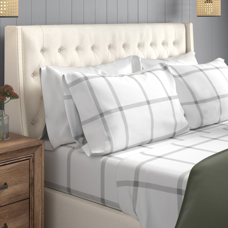 Ensemble de draps en microfibre écossais, Blanc / bleu marine, Complète