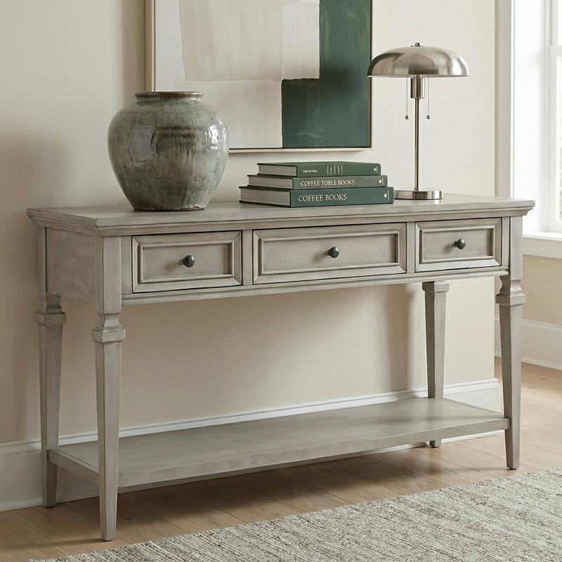 Functional Console Table With 3 Drawers And Open Bottom Shelf – Space-Saving Storage Sofe Table For Entryway, Hallway, Gray