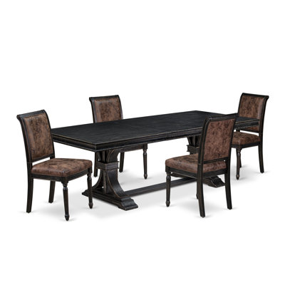 L'ensemble de table de cuisine 5 pièces se compose d'une table de salle à manger moderne et de 4 chaises de salle à manger en tissu de polyester texturé brun avec dossier haut - fini noir sablé