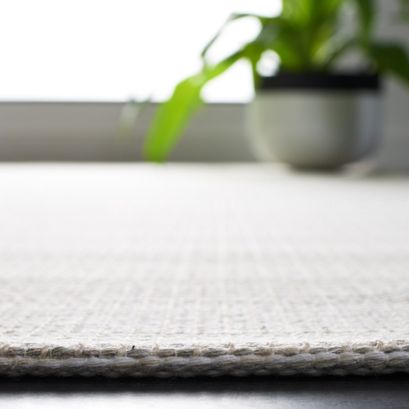 Ivory and Gray Square Flat Woven Synthetic Stripe Rug