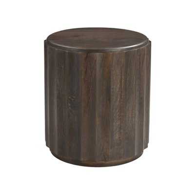 23" Brown Distressed Solid Wood Round Scalloped Drum End Table