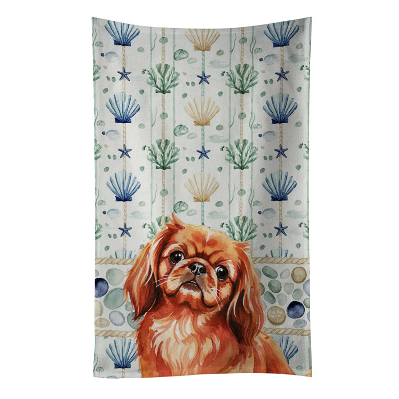 Red Pekingese Coastal Sea Glass Kitchen Towel, Red Pekingese
