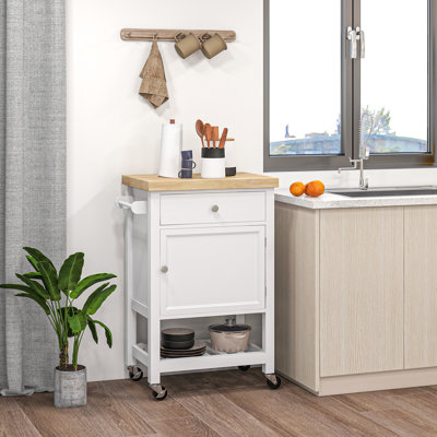 Chariot de cuisine utilitaire, îlot de cuisine roulant avec plateau en bois d'hévéa lisse, surface de bloc de boucher étroite sur roulettes