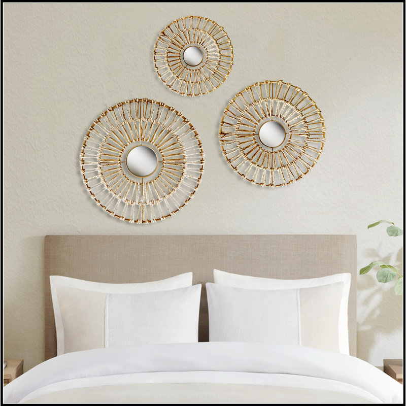 Ensemble de décoration murale ronde en fibre naturelle et miroir 3 pièces, parfait pour les décors bohémiens modernes et les options de présentation polyvalentes.