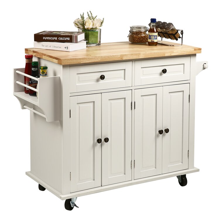 Red Barrel Studio® 43.3'''' Kitchen Island With Wheels, Spice Rackand Towel Holder, White