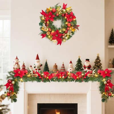 24in Pre-lit Xmas Wreath with 20 LED Lights, Flowers Balls for Door Fireplace Window