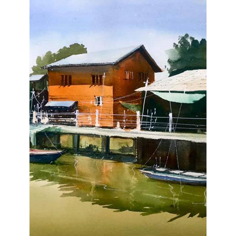 Bateaux sur la côte du lac vert | Aquarelle sur papier | Par Abhijeet Bahadure