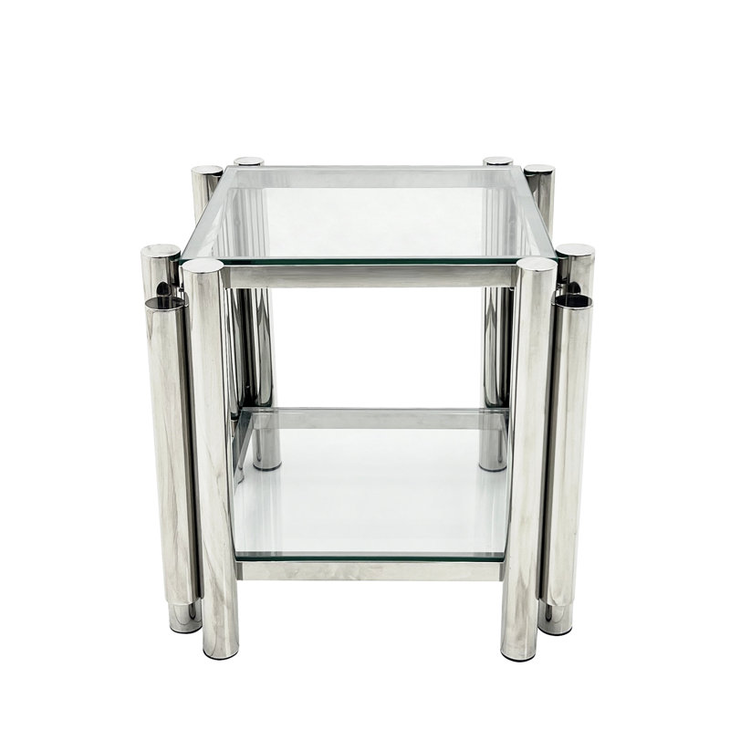 Table d'appoint de salon carrée de 20 pouces, acier inoxydable moderne avec verre trempé transparent à double couche, rangement, table de bureau argentée de conception industrielle
