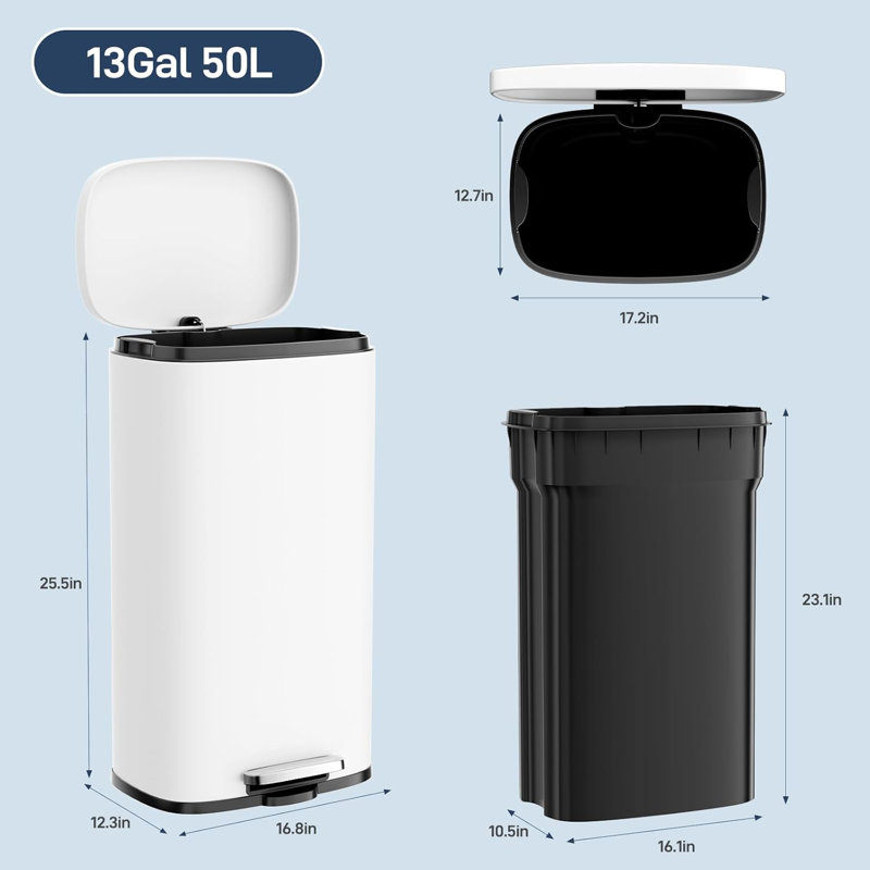 Poubelle à pédale, poubelle en acier inoxydable, poubelle à fermeture en douceur avec seau intérieur en plastique amovible, résistant aux empreintes digitales, poubelle à couvercle, combinaison pour la maison de cuisine