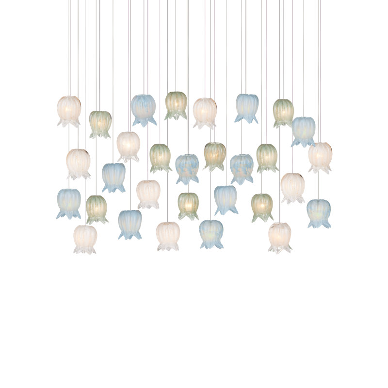 Polpo 7-Light Round Multi-Drop Pendant, 13" H x 54" W x 18" D, Blue/Green/White, 4500 Lumens