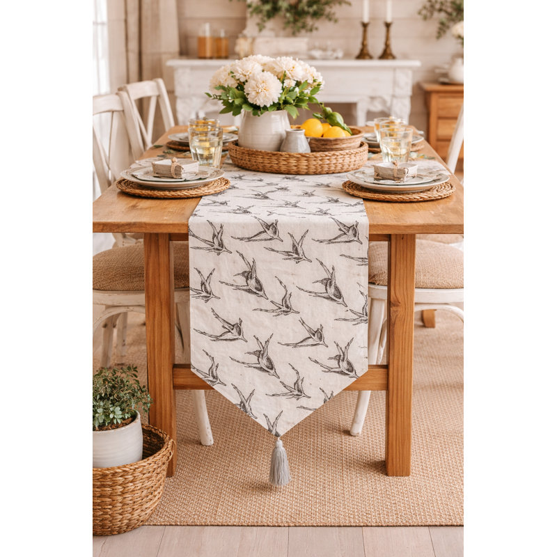 Chemin de table réversible en coton noir 14 po x 72 po avec pampille