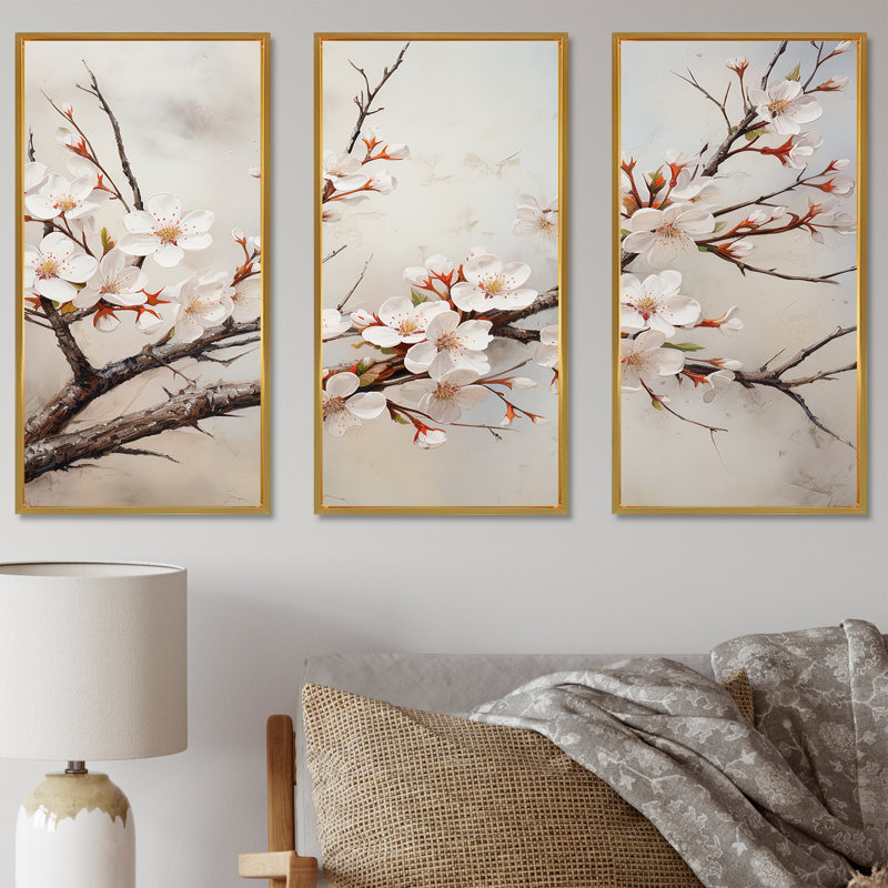 Minimalisme sur fond de cerisier beige II, Cadre flottant doré, H 32 po x l 48 po x P 1 po