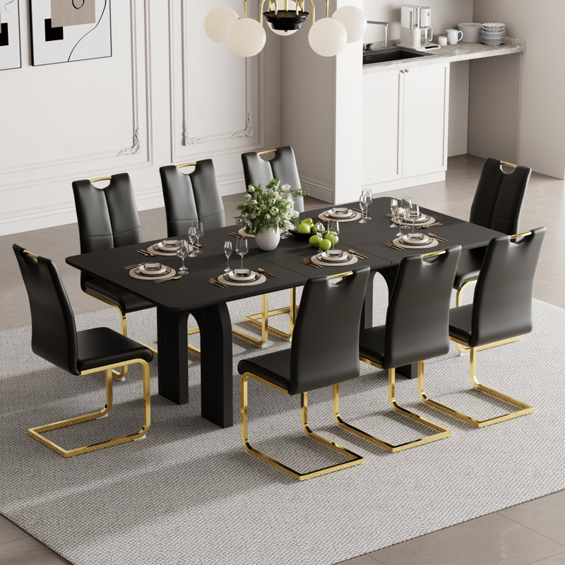 Dining Set, Noir, 9 pièces : table, 8 chaises, Noir et or