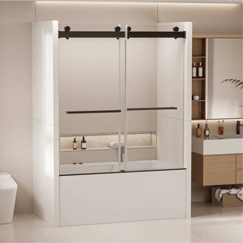 56-60 In. W X 62 In. H Frameless Double Sliding Tub Door, Bypass Tub Shower Door Soft Closing, Matte Black, Matte Black