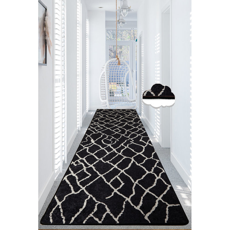 Premium Hall Carpet (3.3 x 9.8 ft), Black & White, 100% Polyester | Pile Height: 0.2 in, Total Thickness: 0.4 in | Antibacterial, Non-Slip Underside, Machine Washable | Ideal for Entryways, Living Rooms & Offices