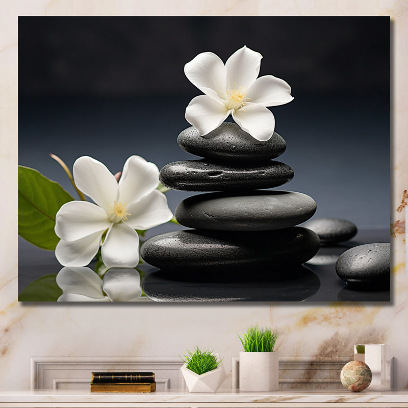 «Zen Black River Stone Blooming Magnolias», reproduction sur toile Lily, H 34 po x l 44 po x P 1,5 po, Toile tendue