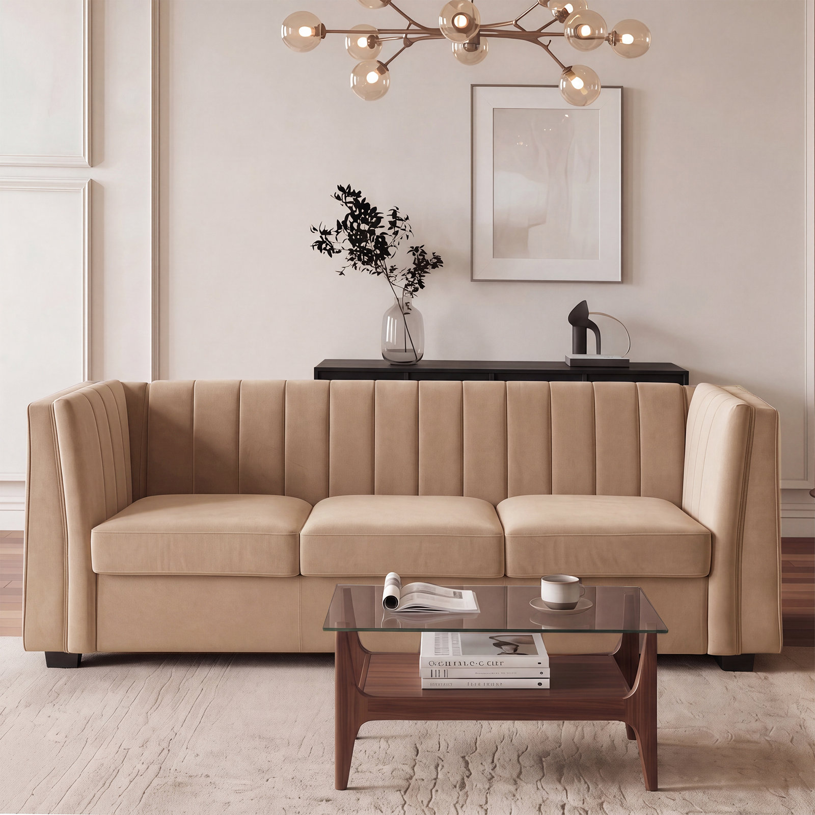 89" Velvet Sofa, Beige Velvet