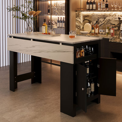 Table de bar moderne 3 en 1 de 138 cm (54,33 po) avec plateau pliable imitation marbre, 2 armoires de rangement et étagères réglables