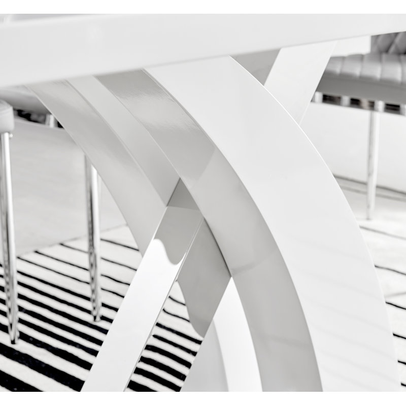 Edzard Dining Table Chrome Metal & White High Gloss - Modern Statement Design, 35.43" W x 63" L