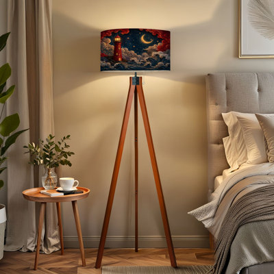 Tripod Standing Lamp Red Lighthouse Under Crescent Moon Swirling Waves Starry Sky Remote Controlled Dimmable LED Floor Lamp with Beech Wood Legs & Det