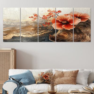 Fleurs d'hibiscus sur un horizon en bois I - Hibiscus Wall Art - Décoration murale traditionnelle