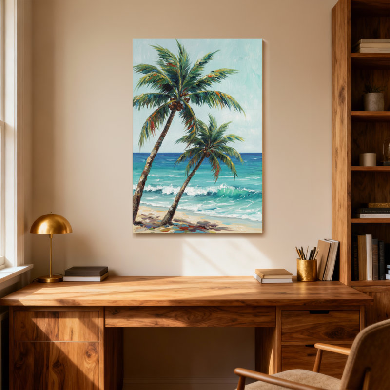 Plantes et fleurs, palmiers tropicaux, scène de plage sur l'océan, H 48 po x l 32 po