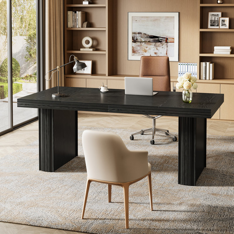 Bureau de direction 63 po, grand bureau d'ordinateur avec piédestal robuste, Noir