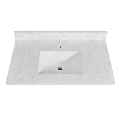 Plan de toilette simple en quartz de 94 cm (L) x 56 cm (P) avec lavabo encastré en céramique et dosseret de 10 cm.