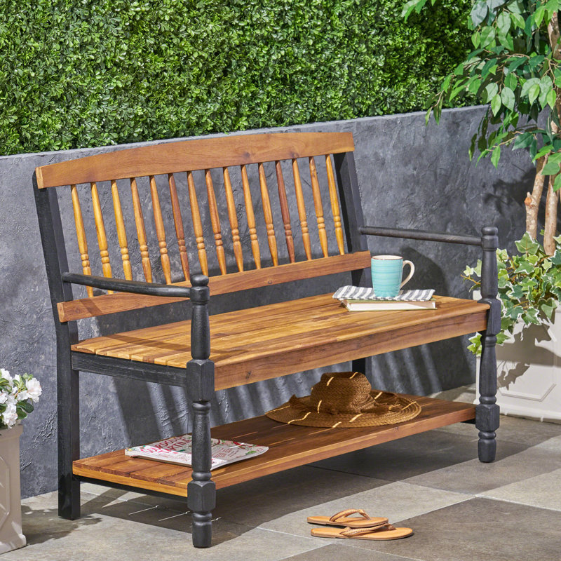 Banc Classic Imperial, design avec tablette, bois, finition avec accoudoirs noirs, siège d'une profondeur de 52,25 po, siège 17,75 po