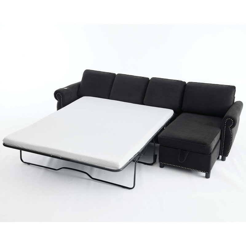 Canapé-lit modulaire en L avec charge sans fil et chaise de rangement, Noir
